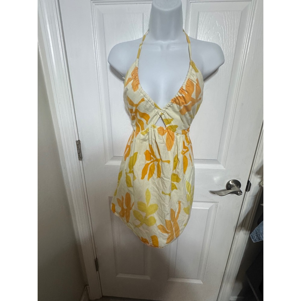 Zara Womens Yellow Orange Tropical Leaf Print Halter Cut Out Mini Dress Size S
